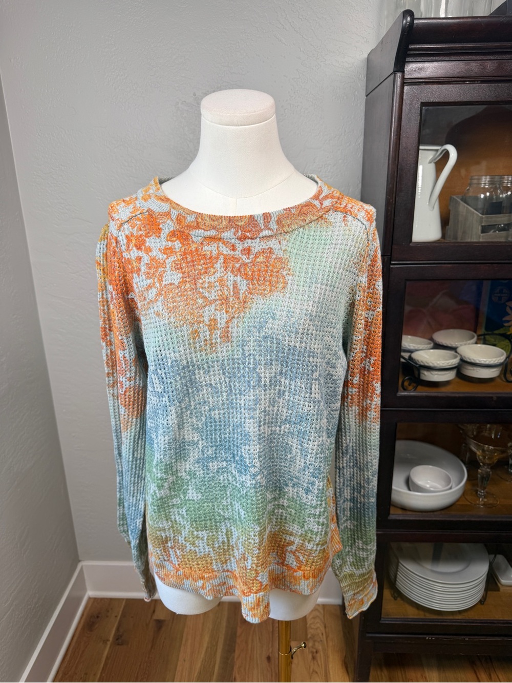 Democracy Floral Ombre Open Knit Sweater Blue Green Orange Size M
